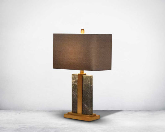 Table lamp with marble & metal base with brown colour  translucent fabric shade in ultra modern design.