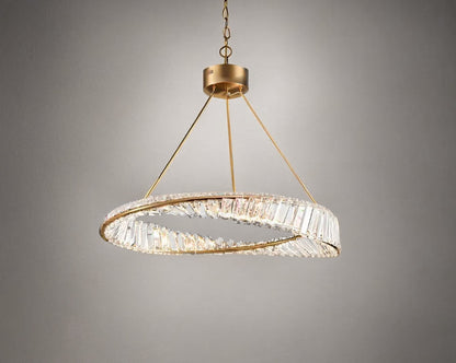 Art deco chandelier with crystal prism fringe adorned with champagne gold metal band evokes the boldness and glamour of the era