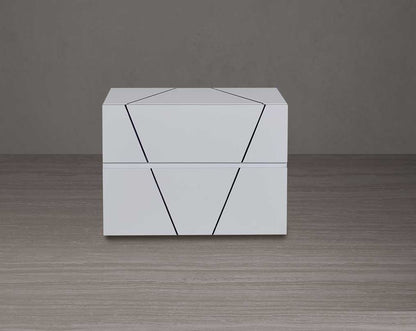 The bedside table is crafted in white lacquered high gloss finish with two spacious drawers in sleek modern design with front view