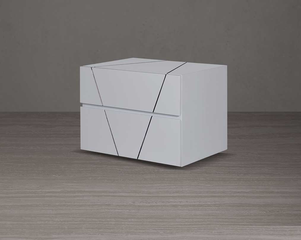 The bedside table is crafted in white lacquered high gloss finish with two spacious drawers in sleek modern design side view