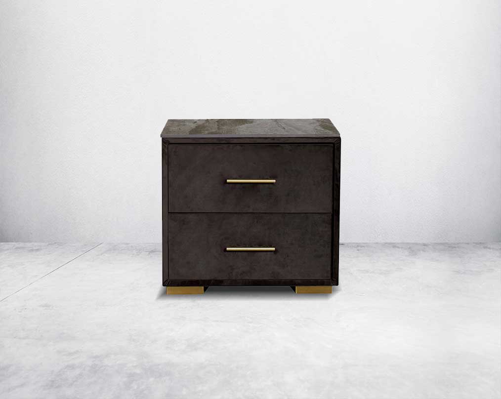 The bedside table comes with a fully upholstered and grey marble top with closed 2 drawers with matt gold base & handles in modern classic design.