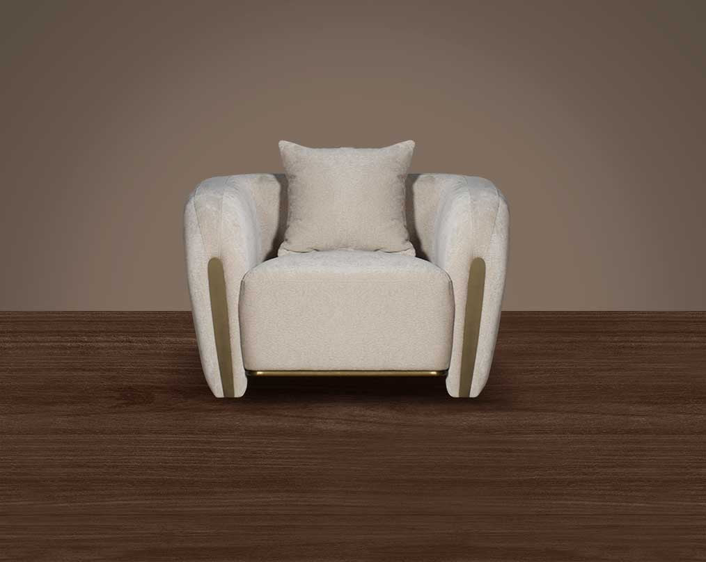 This 1 sofa set  The matt gold-toned metal border accentuates exuding timeless allure. in high-quality fabric is an epitome of luxury, an astonishing piece of modern design. The sofa's gently curved back with its distinctive flared padded arms wrap the se