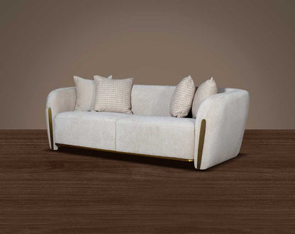This 2 sofa set with 4 pillow in white colour in high-quality fabric is an epitome of luxury, an astonishing piece of modern design. The sofa's gently curved back with its distinctive flared padded arms wrap the seat in a sweeping embrace.