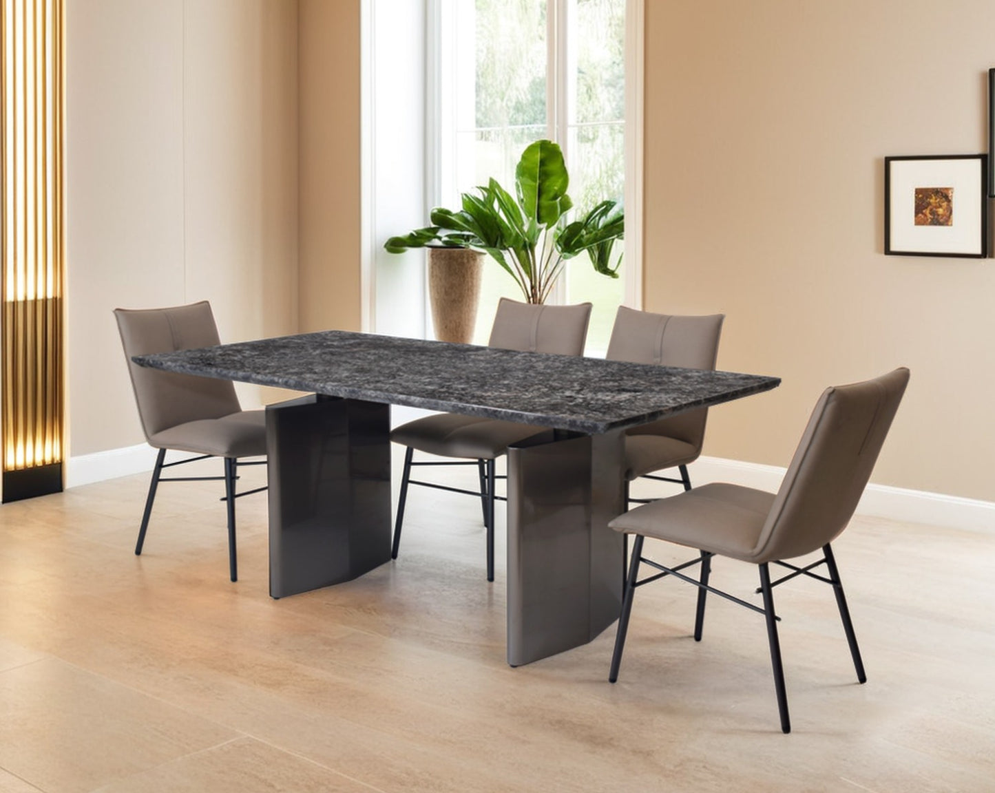 This 6 & 8 seater minimalistically designed dining table with grey marble top is an embodiment of contemporary chicness. This dining table in geometrical hexagonal base comes in glossy gunmetal finish in a contemporary design.