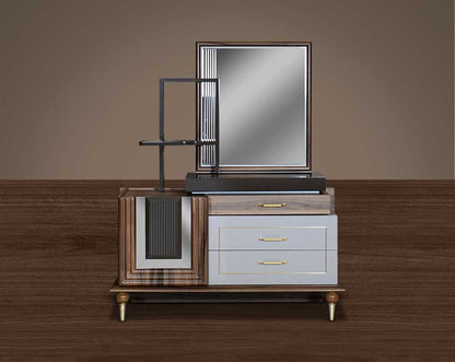 This beautiful art deco style dresser comes with a mirror to compliment it in light walnut veneer & glossy grey finish. It has a unique extra storage space which slides out, it has 3 drawers & cabinet storage.