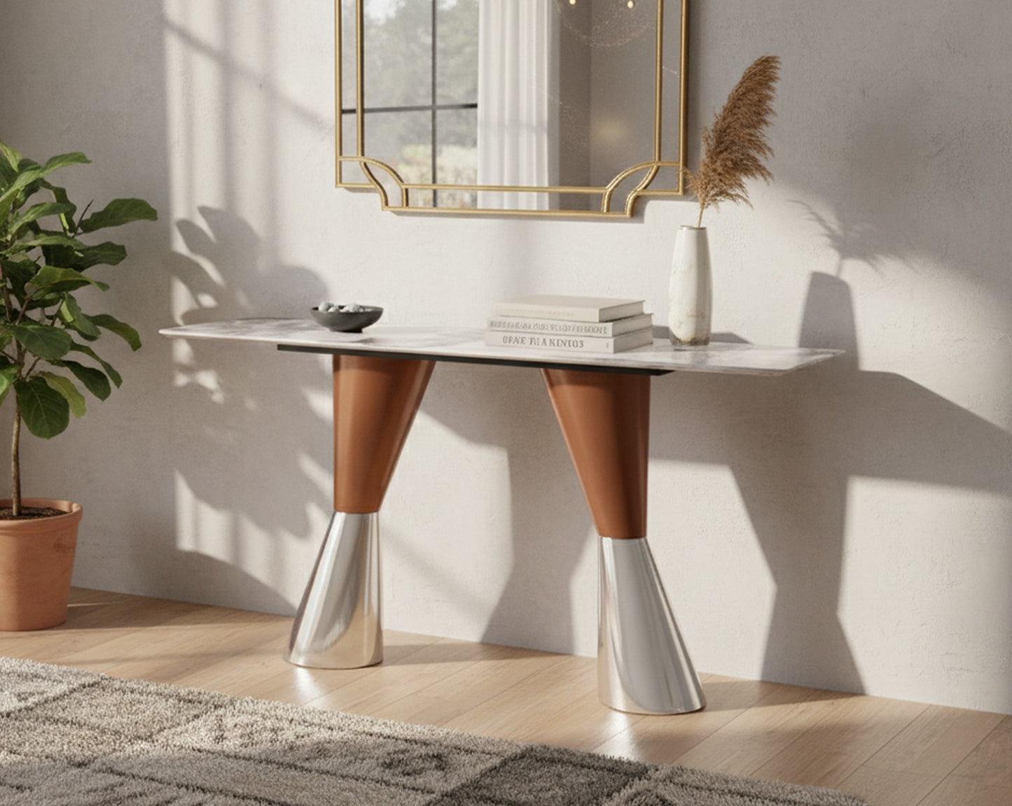 This console table features a sleek marble top comes with uniquely shaped legs in high-polished stainless steel with a brushed rose gold finish. A perfect accent piece for entryways or living rooms.