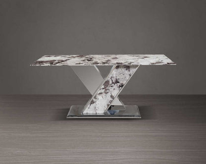 This stylish 6 & 8-seater rectangular dining table with a natural white marble top and a glistening stainless steel crisscross base