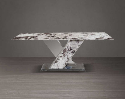 This stylish 8-seater rectangular dining table with a natural white marble top and a glistening stainless steel crisscross base. Its genuine marble top adds a refined touch to your décor