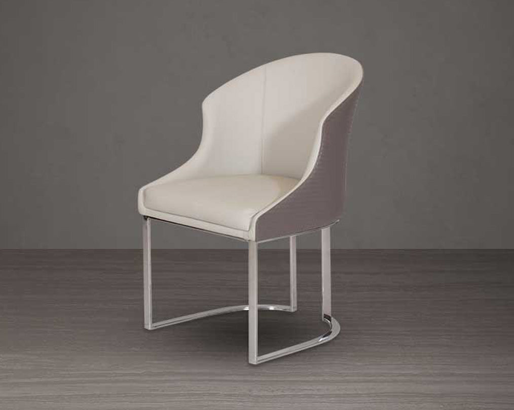 This dining chair stands resplendent with a rich contemporary look. It is crafted in faux leather upholstery and comes in two colours with glossy, silver-plated, stainless steel legs