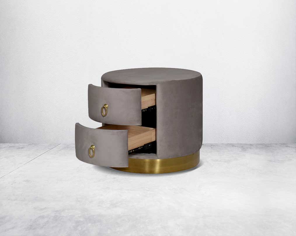 The gorgeous & fully upholstered bedside table  open 2 spacious drawers with gold-plated stainless steel handles & base.