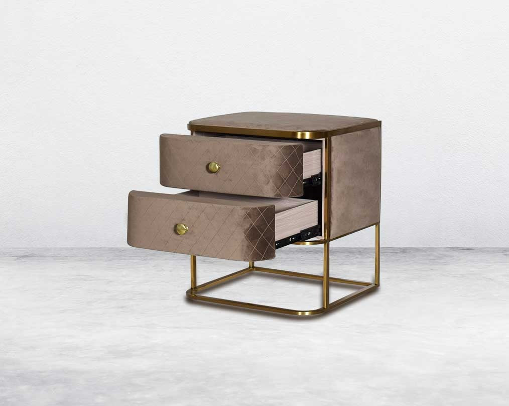 bedside table comes with 2 open drawers, matt gold base