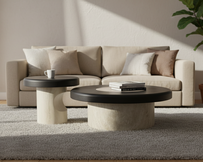 Beige sectional sofa with two round coffee tables in a living room setting.