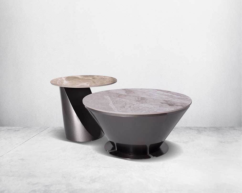 This round coffee table with sintered stone comes with a stainless steel titanium finished conical base bringing a rich contemporary luxurious style to any living room.