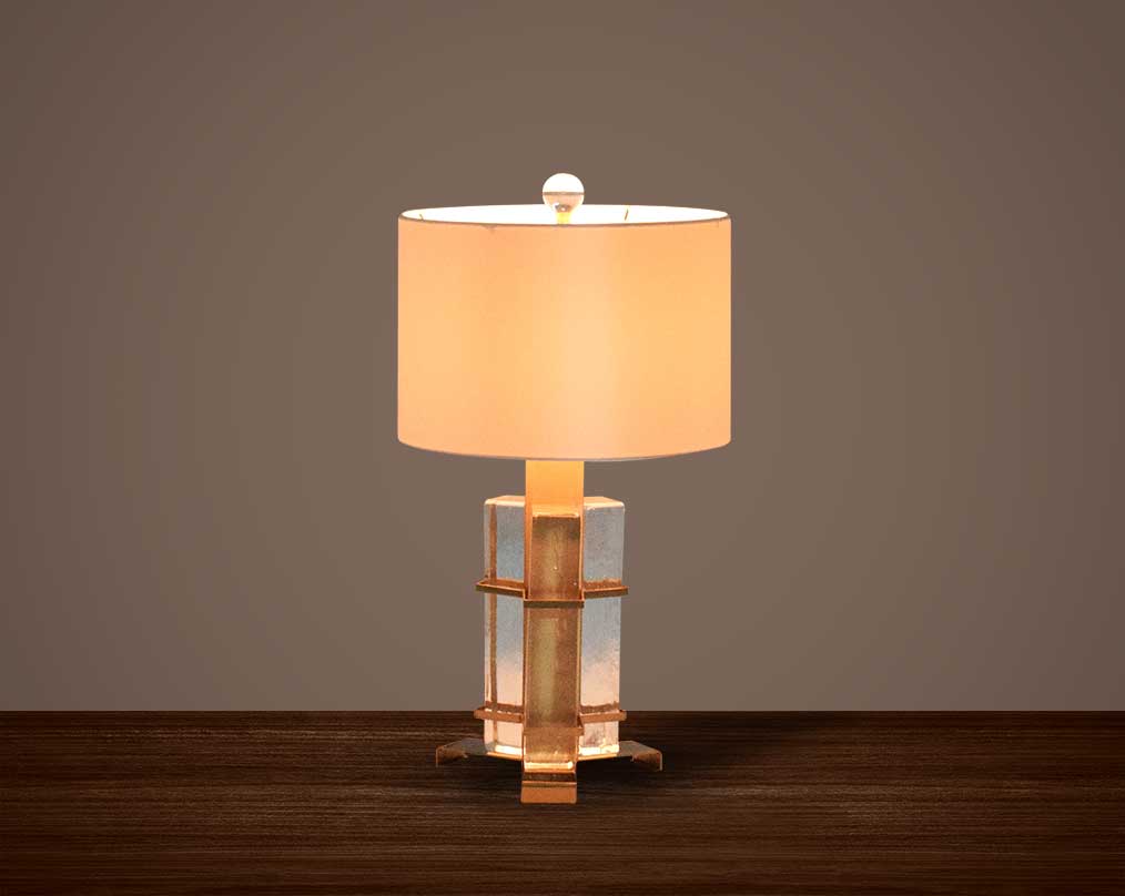 Table lamp in coffee bronze and glass with translucent fabric shade in ultra modern design..