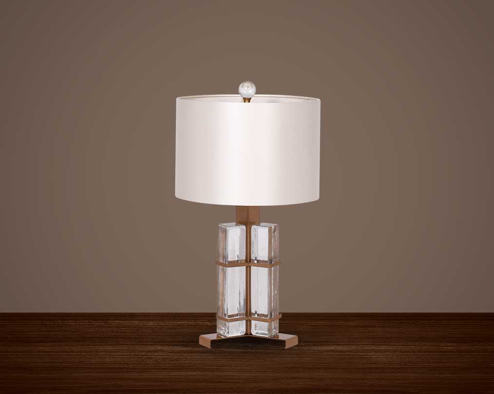 Table lamp in coffee bronze and glass with white  translucent fabric shade in ultra modern design..