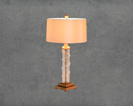 Table lamp in coffee bronze and glass with translucent fabric shade in ultra modern design.
