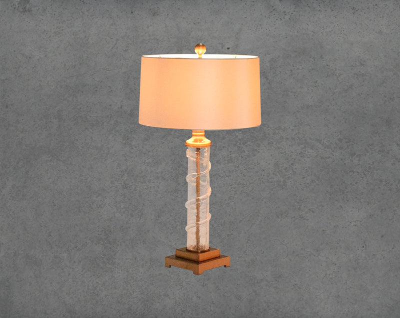Table lamp in coffee bronze and glass with translucent fabric shade in ultra modern design.
