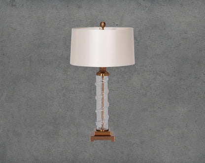 Table lamp in coffee bronze and glass with sliver colour translucent fabric shade in ultra modern design.