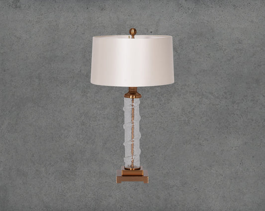 Table lamp in coffee bronze and glass with sliver colour translucent fabric shade in ultra modern design.
