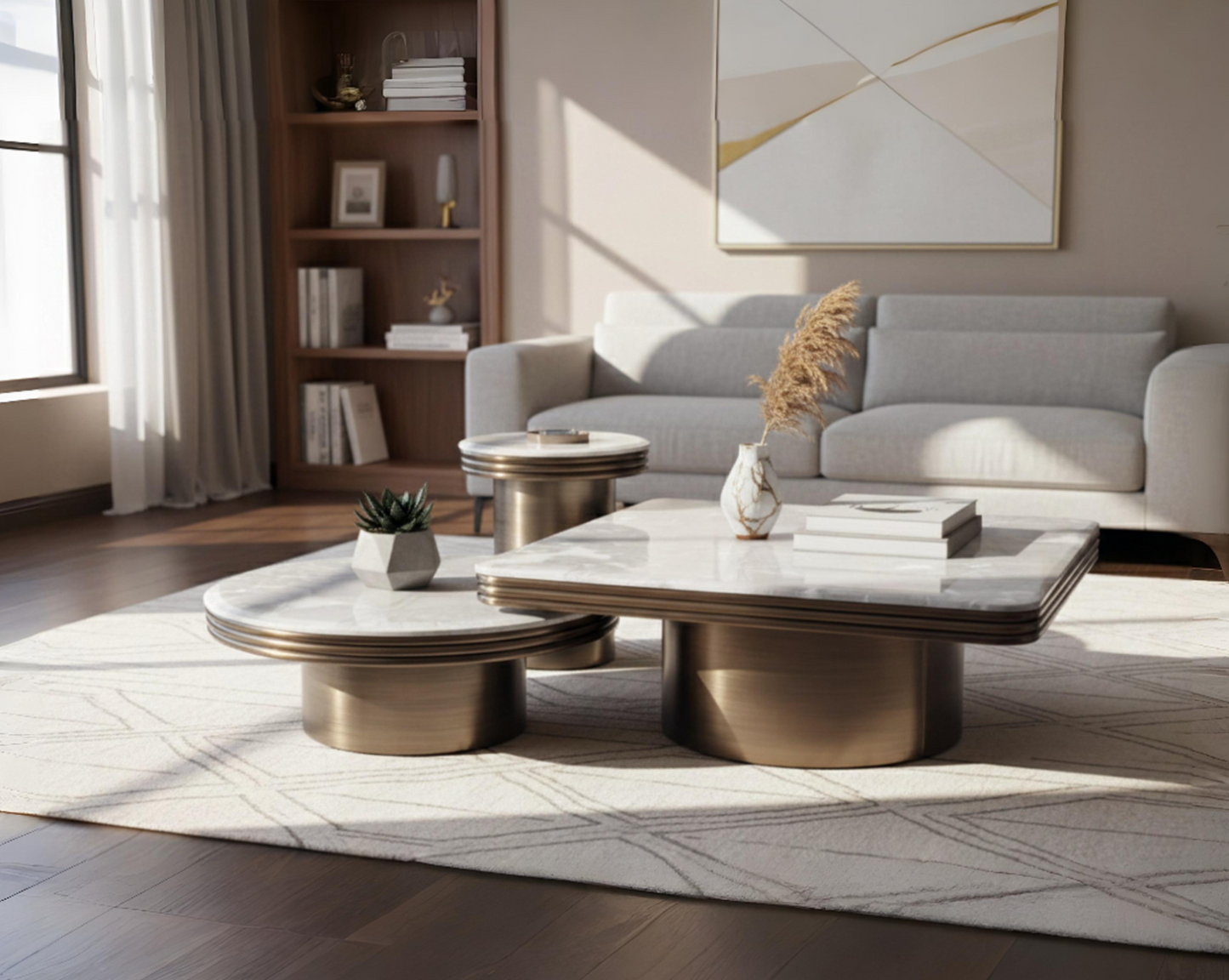 Modern living room with gray sofa, marble coffee table, and decorative elements.