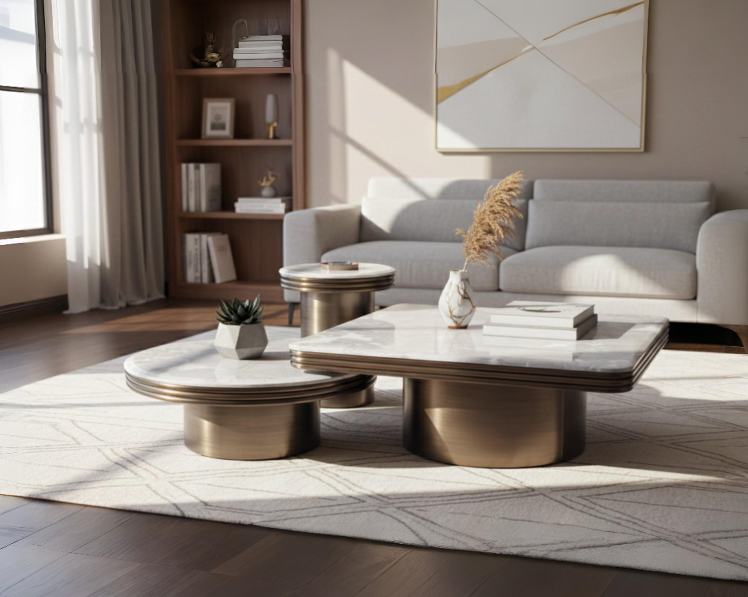 Modern living room with gray sofa, marble coffee table, and decorative elements.