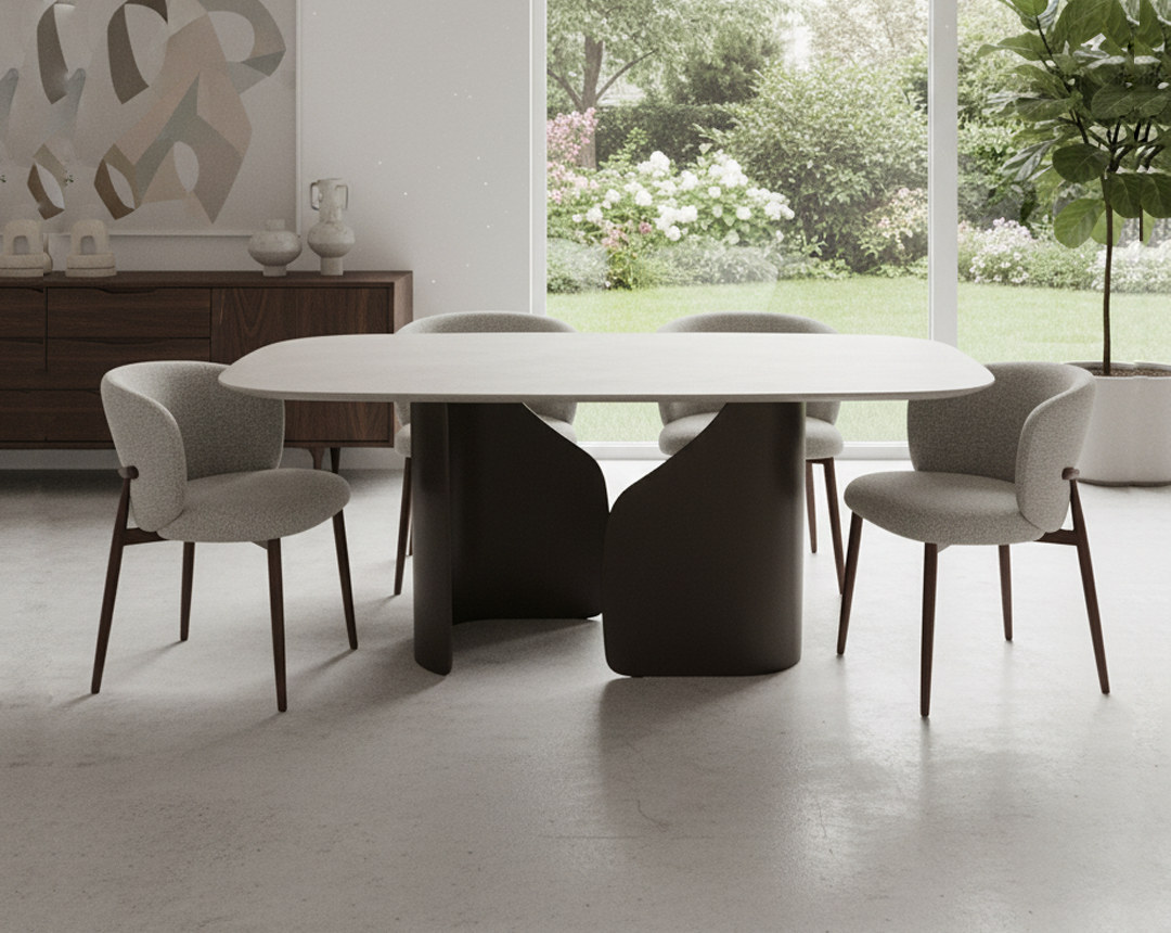 Modern dining room with a white oval table and gray chairs.