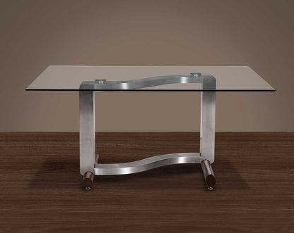 6 seater rectangle dining table with clear tempered glass top with brushed stainless steel and ash wood base