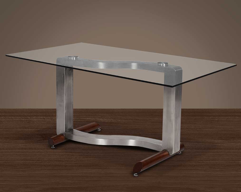 6 seater rectangle dining table with clear tempered glass top with brushed stainless steel and ash wood base