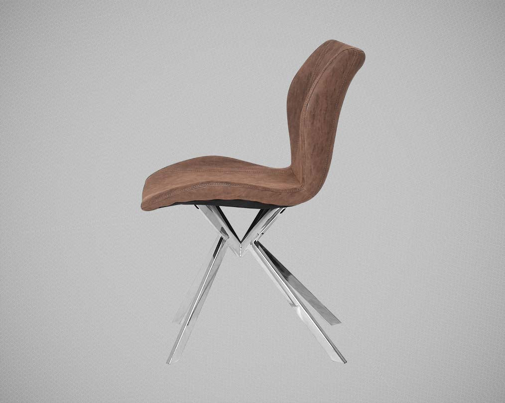 Dining chair with corner  upholstered in faux leather with high polished stainless steel legs