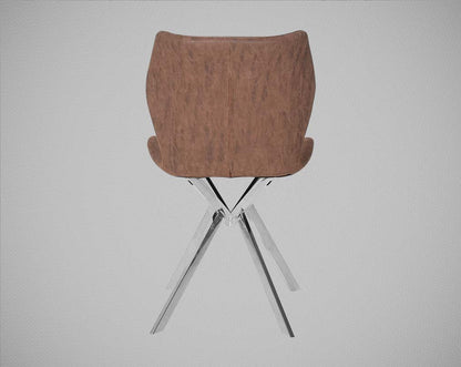 Dining chair with back upholstered in faux leather with high polished stainless steel legs