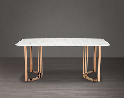 8 Seater rectangular dining table with white marble top and high polished rose gold plated stainless steel base.