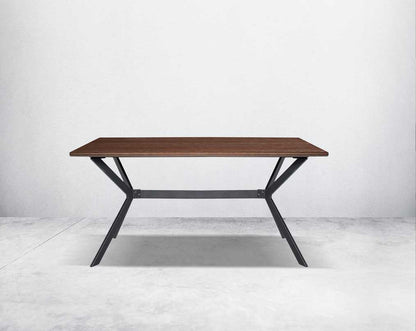 his 6-seater dining table comes with a wood veneer top with matt black metal base in a cross design.