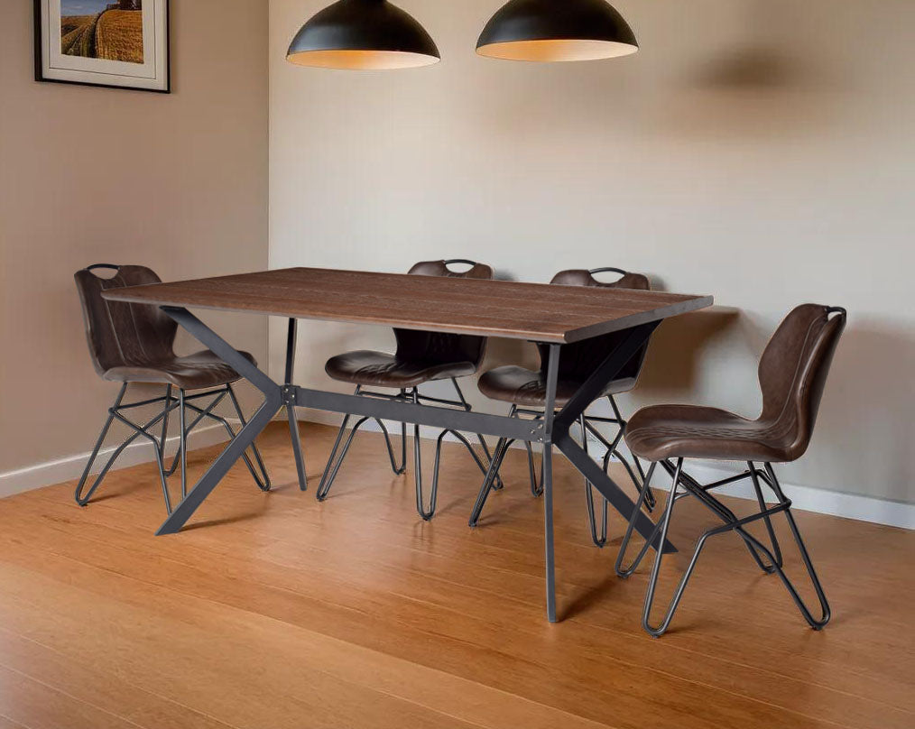 this 6-seater dining table comes with a wood veneer top with matt black metal base in a cross design This soft, cushioned dining chair features an extraordinary contemporary design with tufted back and cushioned seat with metal legs. 