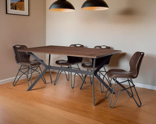 this 6-seater dining table comes with a wood veneer top with matt black metal base in a cross design This soft, cushioned dining chair features an extraordinary contemporary design with tufted back and cushioned seat with metal legs. 