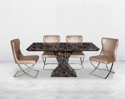 6 & 8 Seater rectangular marble dining table. Dining chair upholstered in faux leather with high polished stainless steel legs in a cross design.