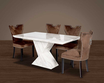 6 & 8 Seater rectangular marble dining table. Dining chair upholstered in fabric with legs in wood. Stainless steel decorative ring at the back with stainless steel rivets.
