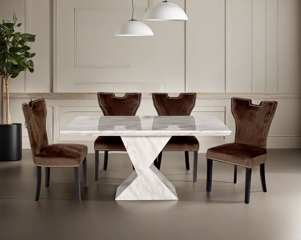 6 & 8 Seater rectangular marble dining table. Dining chair upholstered in fabric with legs in wood. Stainless steel decorative ring at the back with stainless steel rivets.
