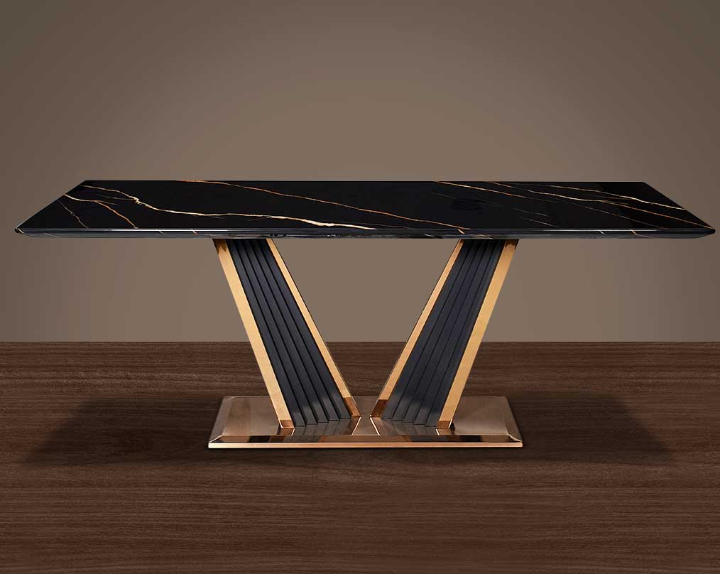 This glorious marble top dining table features a tree bark design motif finished in glossy rose gold plated stainless steel & black sandblasted base.