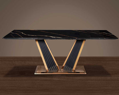 This glorious marble top dining table features a tree bark design motif finished in glossy rose gold plated stainless steel & black sandblasted base.