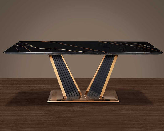 This glorious marble top dining table features a tree bark design motif finished in glossy rose gold plated stainless steel & black sandblasted base.