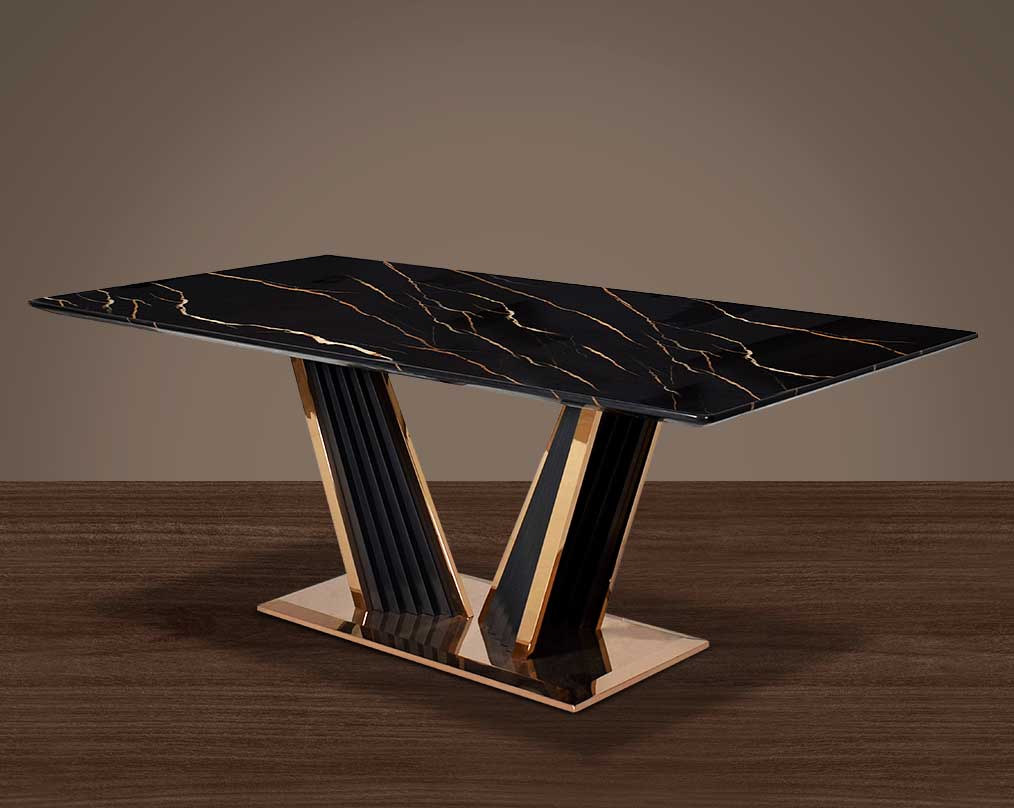 This glorious marble top dining table features a tree bark design motif finished in glossy rose gold plated stainless steel & black sandblasted base.