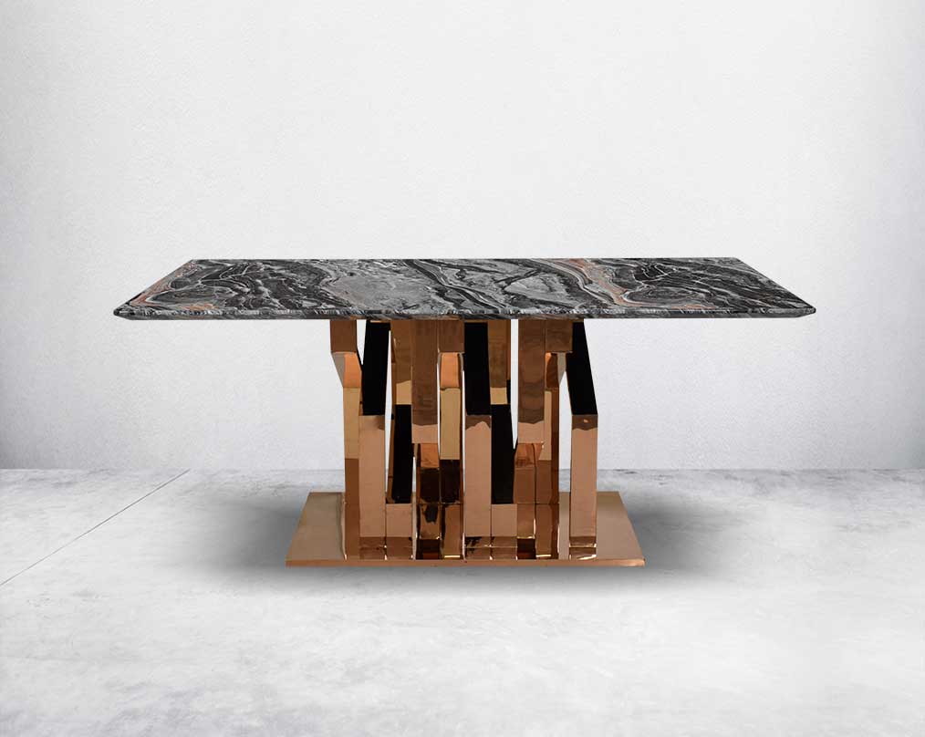 Glorious 6 & 8 seater black marble top dining table with front view.