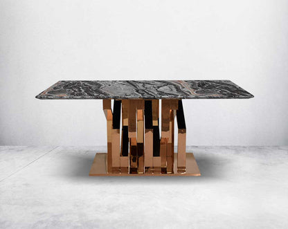 Glorious 6 & 8 seater black marble top dining table with front view.