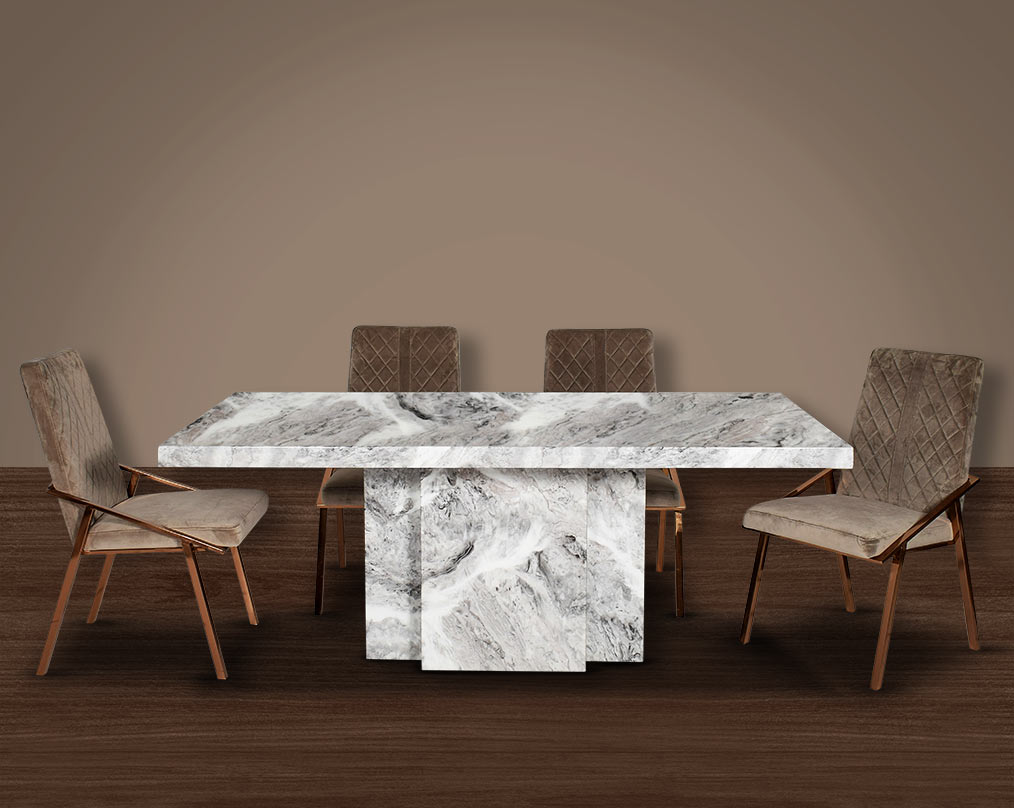 6 & 8 Seater rectangular dining table with marble top and base in glossy finish with stainless steel trims at the sides. Dining chair upholstered in faux leather with high polished stainless steel legs in cross design. 
