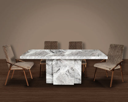 6 & 8 Seater rectangular dining table with marble top and base in glossy finish with stainless steel trims at the sides. Dining chair upholstered in faux leather with high polished stainless steel legs in cross design. 