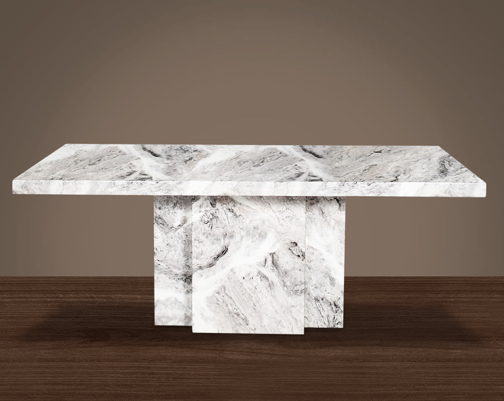 6 & 8 Seater rectangular dining table with marble top and base in glossy finish with stainless steel trims at the sides.