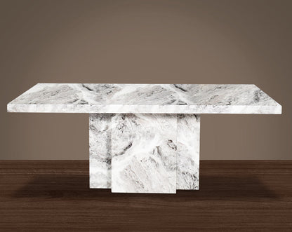 6 & 8 Seater rectangular dining table with marble top and base in glossy finish with stainless steel trims at the sides.