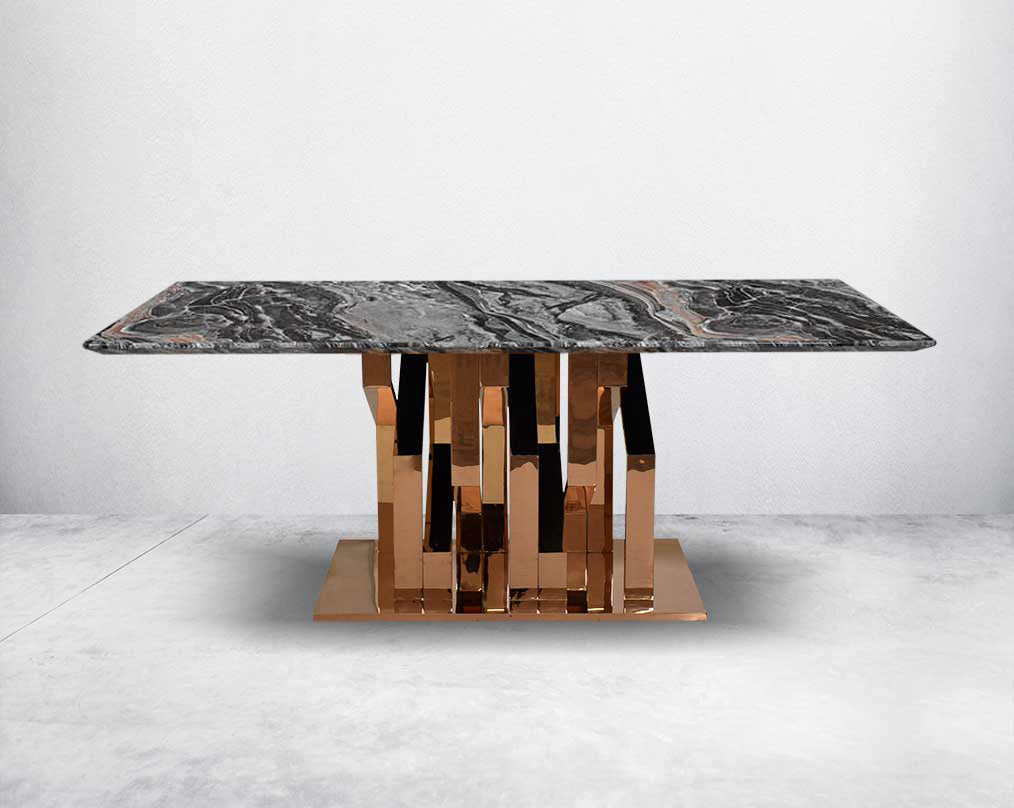Glorious 8-seater black marble top dining table with a glossy rose gold stainless steel base with front view.