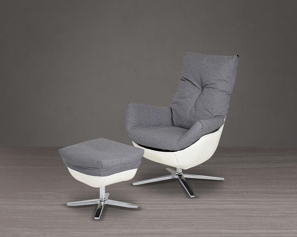 This lounge chair and ottoman set is designed to serve as the epitome of comfort for your leisure time. The chair is made with dense foam padding, comes finely upholstered in fabric with faux leather and stainless steel base with swivel. The lounge chair 
