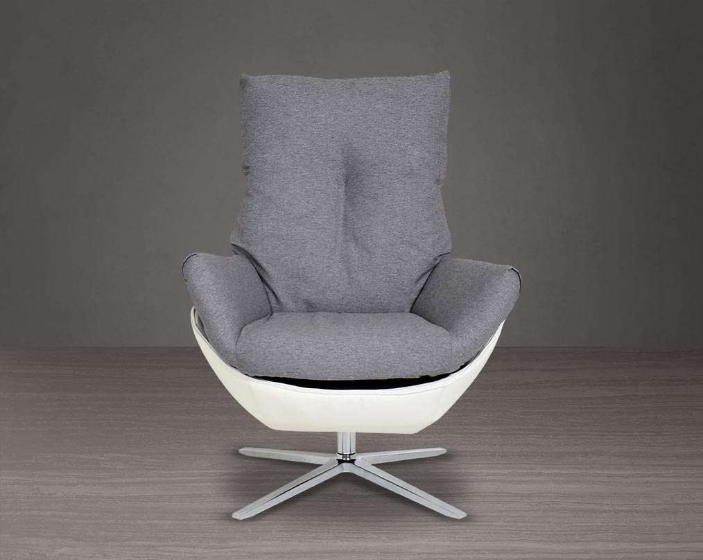 The chair is made with dense foam padding, comes finely upholstered in fabric with faux leather and stainless steel base with swivel.
